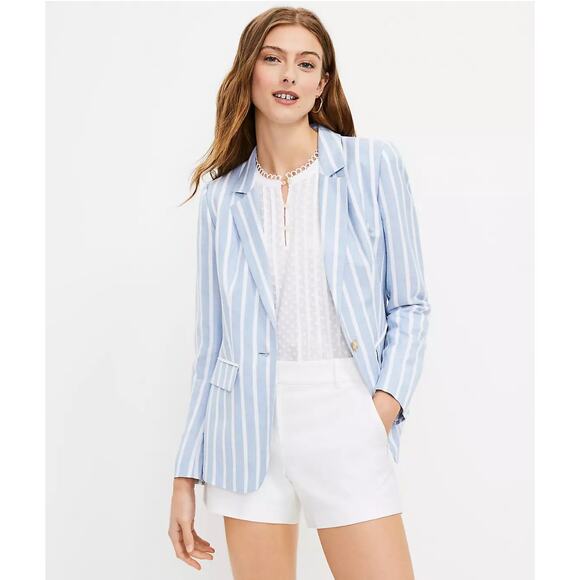 LOFT Striped Modern Blazer Jacket Linen Green White 10 Coastal Preppy Office - Picture 5 of 14